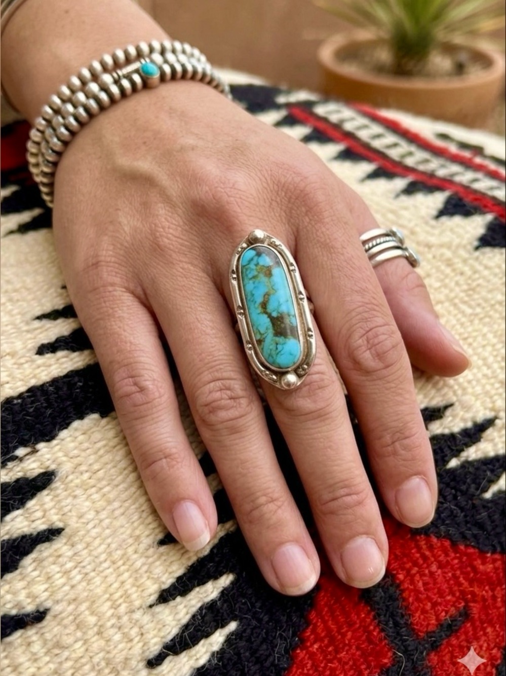 Vintage Signed Navajo Native American Sterling Silver Natural Turquoise Ring 7